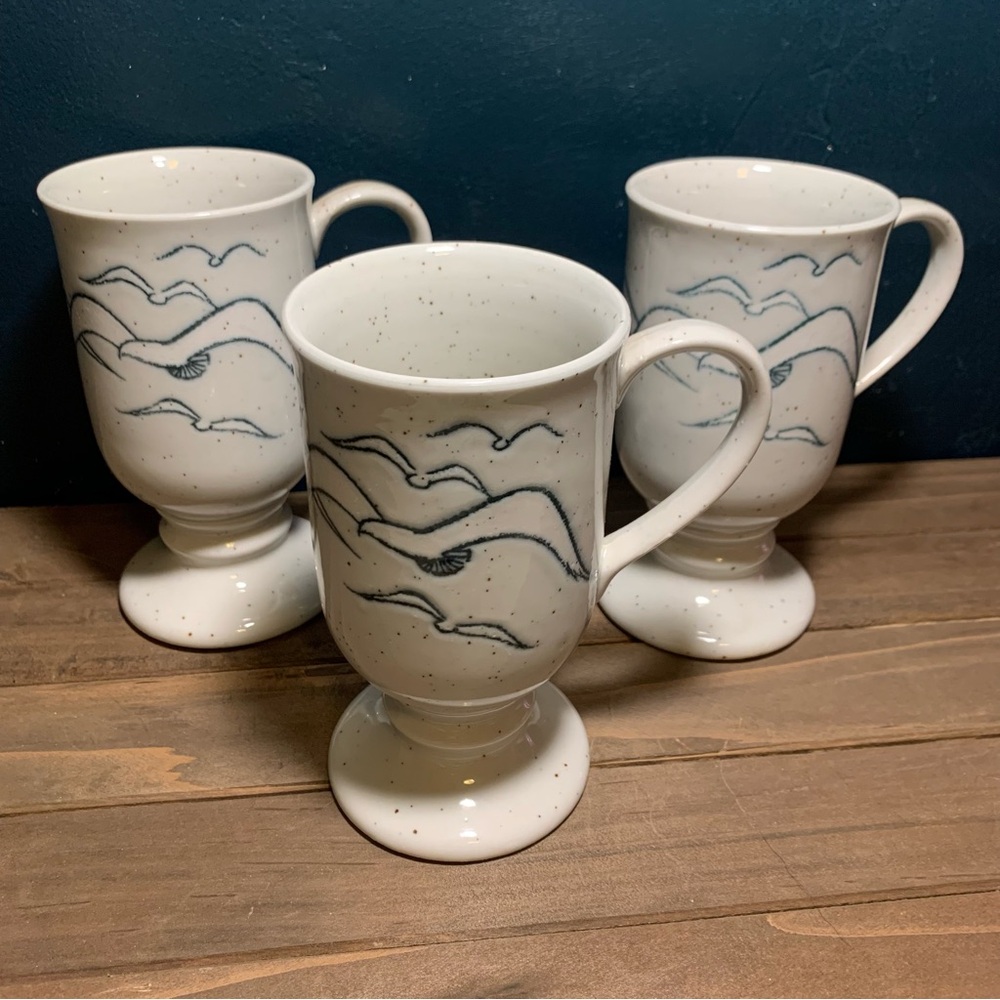 Set 3 Vintage MCM Otagiri Speckled Seagull Footed Pedestal Irish Coffee Mugs